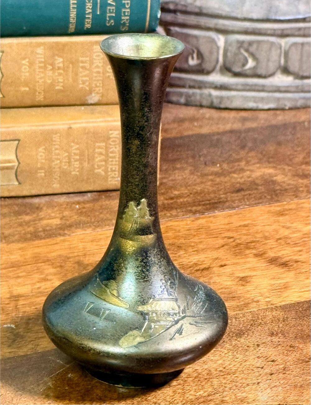 Vintage Japanese Bud Vase | Black Metallic Landscape Decor, Mid Century Accent
